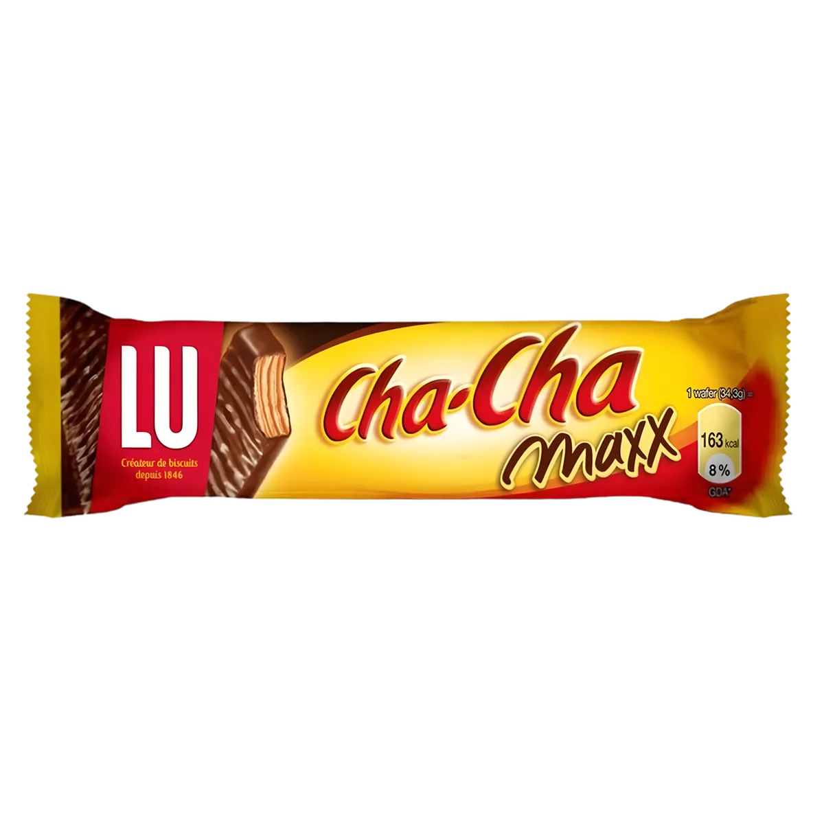 Barre chocolatée LU Cha-Cha Maxx en emballage individuel, gaufrette croquante enrobée de chocolat au lait, idéale pour l'épicerie sucrée.